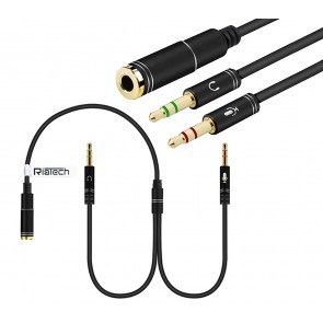 RiaTech Gold Plated 3.5mm Stereo Female to 2 Male Y-Splitter AUX Cable with Separate Headphone/Earphone/Microphone - Round Version (Black)