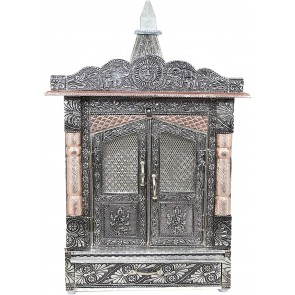 Storite Handcrafted German Oxidised Mandir with Aluminium and Copper Plating, Temple for Home (6 x10 Inches, Silver)